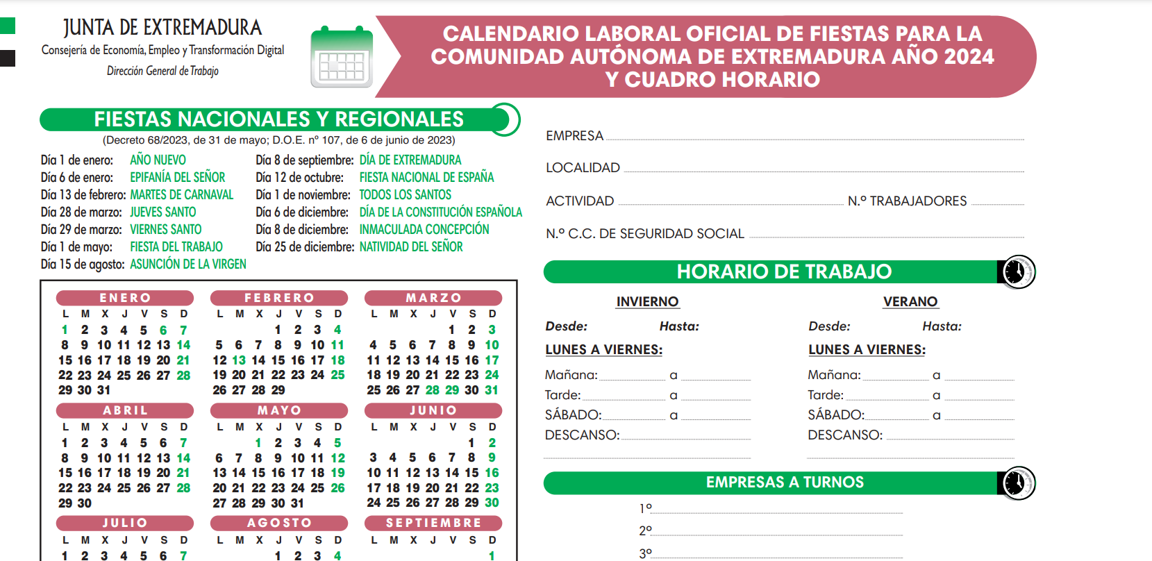 Imagen del artículo La Dirección General de Trabajo ya tiene disponible el calendario laboral oficial 2024 de las fiestas de Extremadura