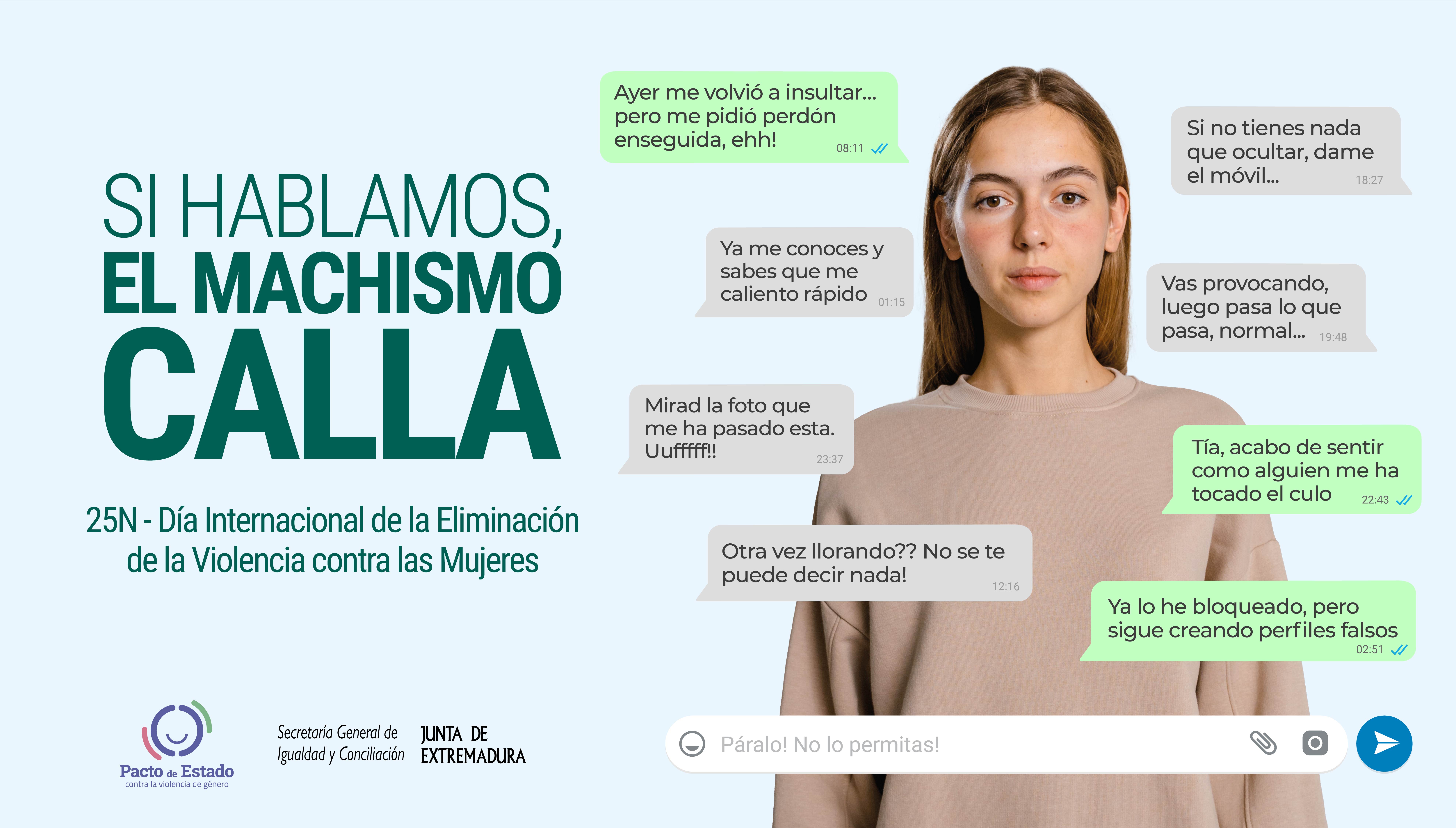 Imagen del artículo Si hablamos, el machismo calla, lema elegido por la Junta de Extremadura para la campaña del 25 de noviembre