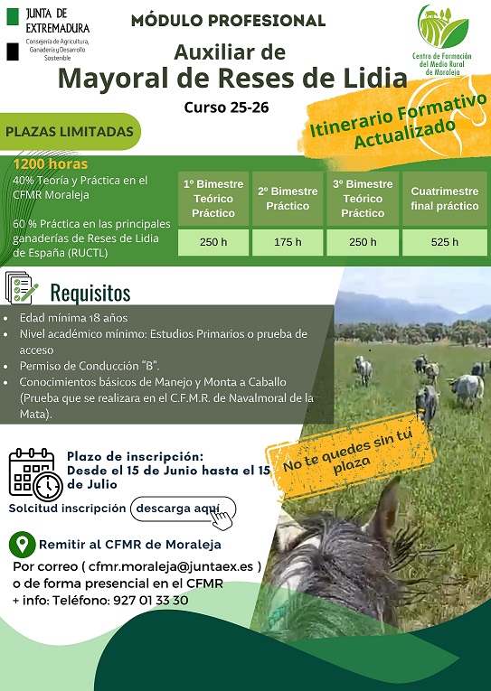 Imagen del artículo Abierto el plazo para inscribirse en el Módulo Profesional Auxiliar de Mayoral de Reses de Lidia en el CFMR de Moraleja, único centro del país en impartirlo