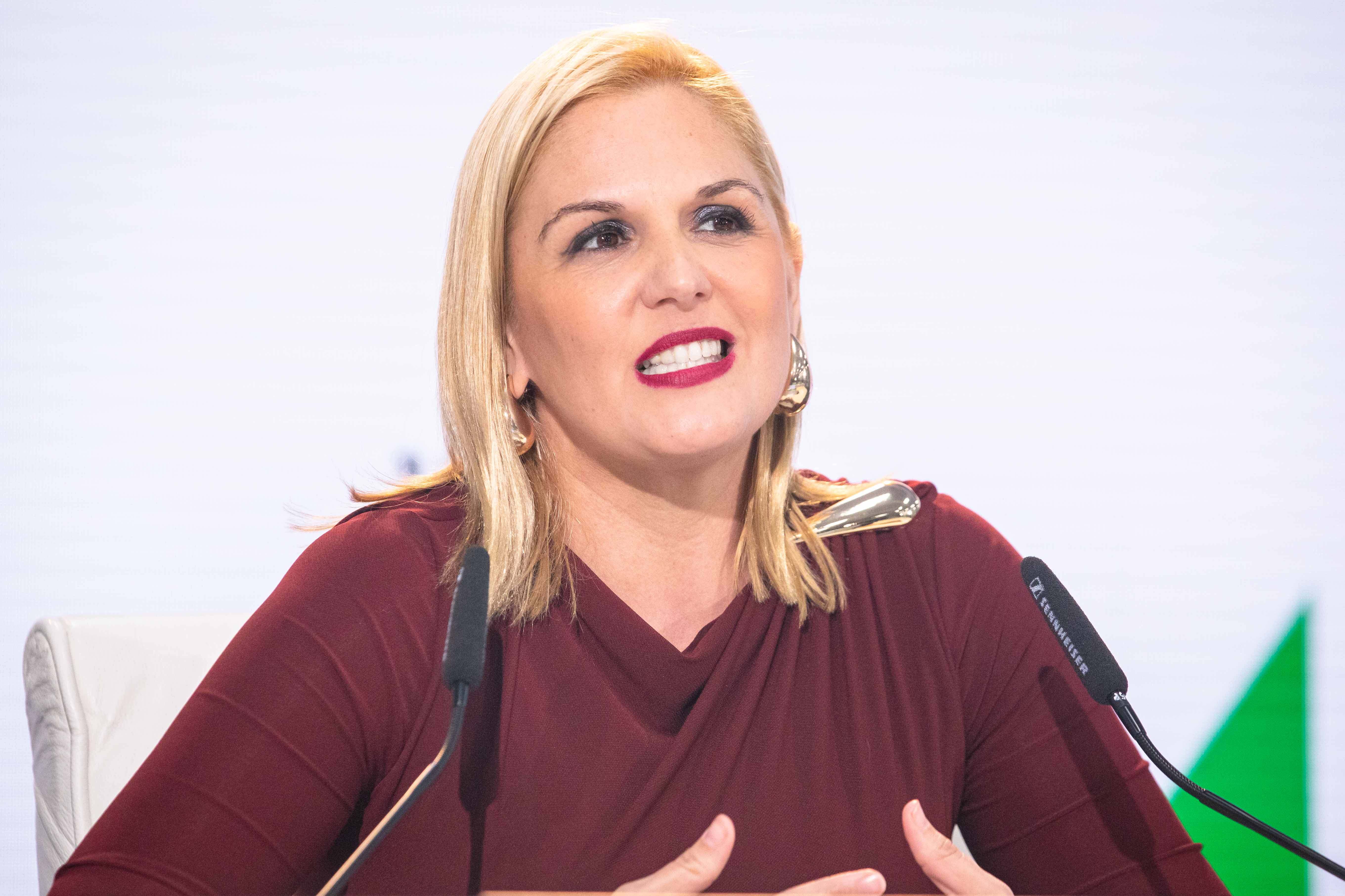 La portavoz de la Junta de Extremadura, Elena Manzano, durante la rueda de prensa.